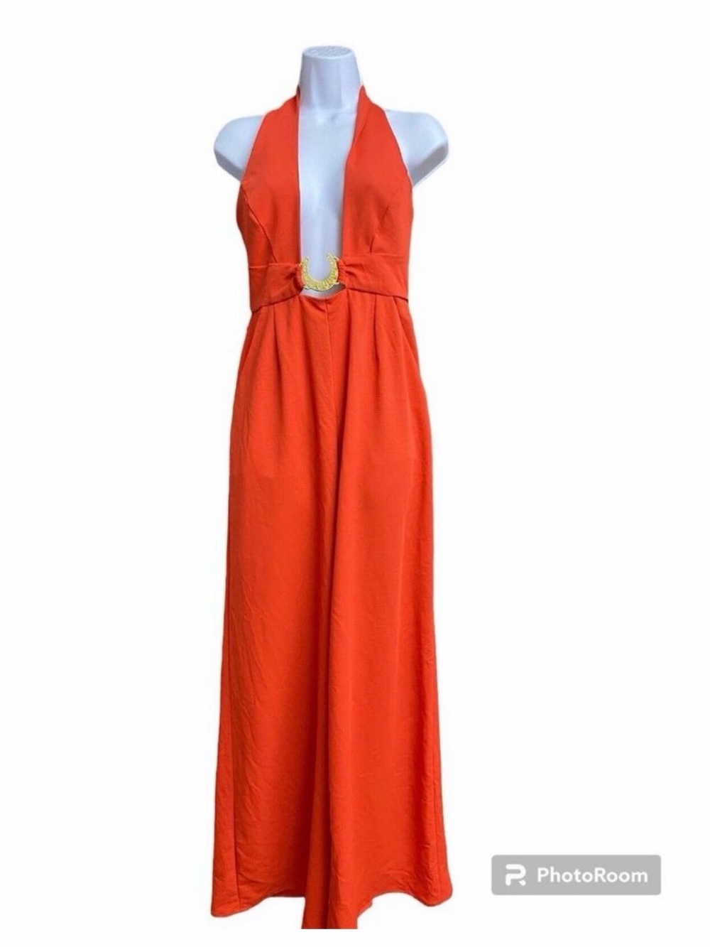 Sleeveless Orange Halter Jumpsuit with Gold Ring Detail